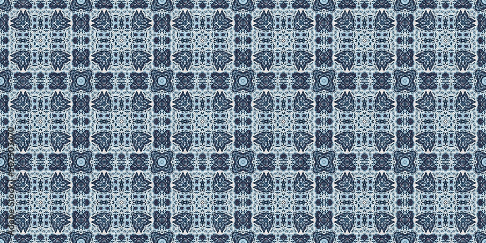 Indigo blue red batik geo nautical seamless border pattern. Modern marin geometric kaleidoscope banner. Nantucket fabric textile style. Summer rustic masculine worn linen effect edging trim tape Indigo blue red batik geo nautical seamless border pattern. Modern marin geometric kaleidoscope banner. Nantucket fabric textile style. Summer rustic masculine worn linen effect edging trim tape