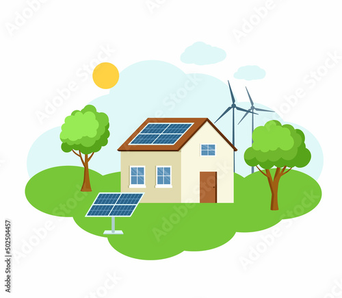 House in nature on sunny day with solar panels and wind turbines. Sustainable energy climate alternative. Solar, wind power. Vector flat concept illustration.