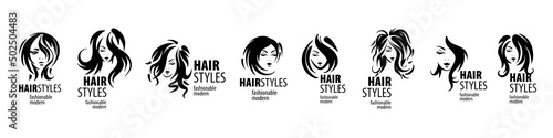 A set of vector illustrations of a womans hairstyle on a white background
