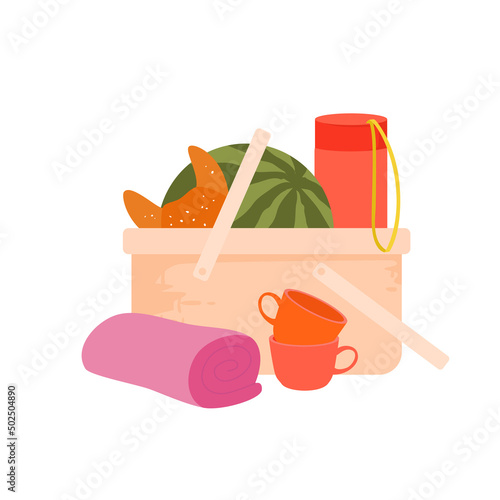 Summer picnic basket full of food. Wicker hamper with products, croissant and watermelon, thermos and cups, blanket for outdoor lunch, leisure weekend time vector illustration