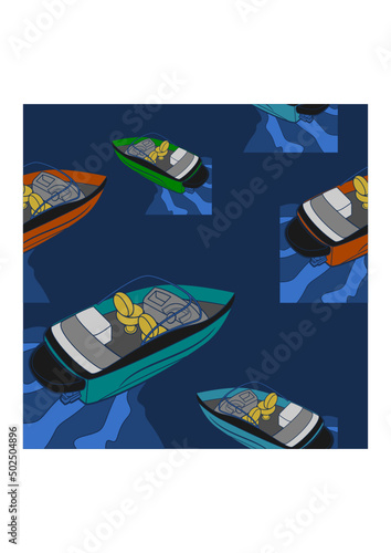 Editable Top Back Oblique View American Bowrider Boats in Various Colors on Water Vector Illustration as Seamless Pattern for Creating Background of Transportation or Recreation Related Design