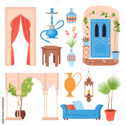 Moroccan set of traditional architecture and country symbols. Oriental culture, arabic interior decorative things, morocco hookah, islam religion, building entrance vector illustration