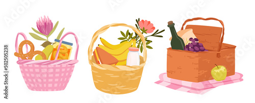 Set of picnic baskets full with products and drinks. Summer outdoor lunch, leisure weekend time, barbecue blanket, willow hamper with food, park camping vector illustration