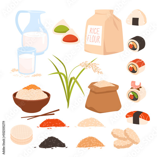 Set of different rice products and dishes. Vegetable milk, asian sushi food, grains flour and lunch noodles bowl, healthy crops nutrition, traditional chinese cuisine vector illustration