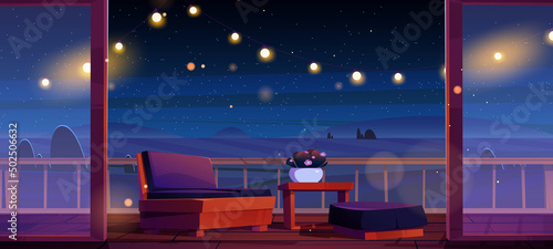 Wooden house terrace or balcony in countryside at night. Vector cartoon illustration of dark rural landscape with fields and cottage veranda or patio with couch and table at evening