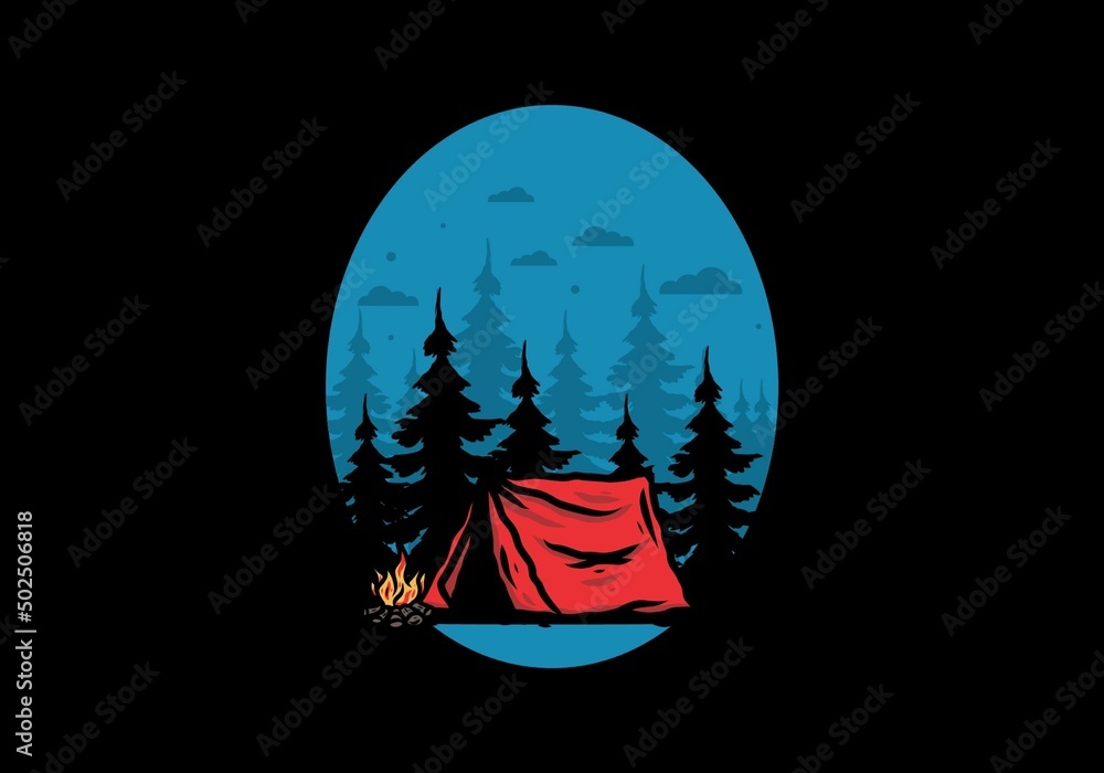 Midnight camping with bonfire illustration