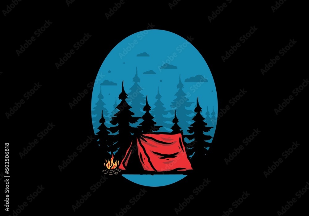 Naklejka premium Midnight camping with bonfire illustration