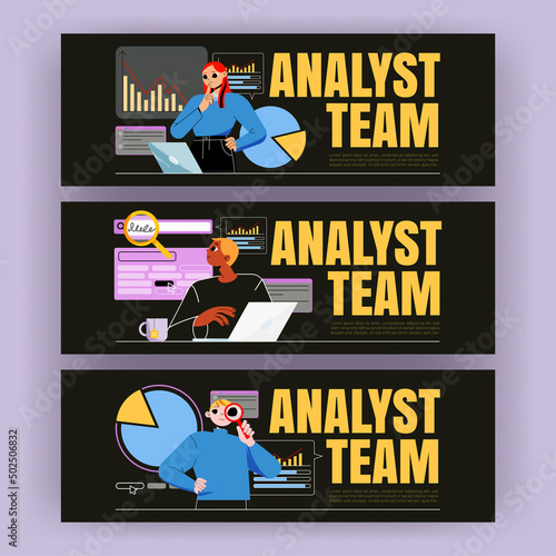 Analyst team banner with people work with data analysis, business and finance reports. Vector horizontal posters with flat illustration of men and women teamwork with laptop, graph and charts