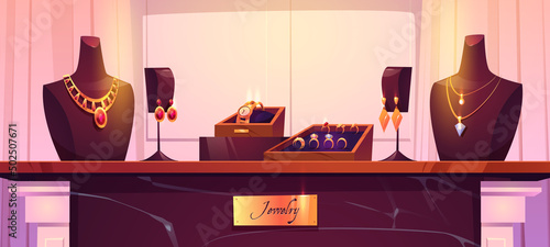Jewelry shop display with gold necklaces on mannequins, rings with diamonds, wristwatch in box and earrings. Vector cartoon illustration of store showcase with golden jewellery on marble stand
