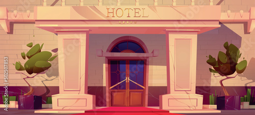 Luxury hotel facade, house building exterior of white brick, marble columns, red carpet at arched wooden door with trees in pots at front yard, hospitality, accommodation Cartoon vector illustration