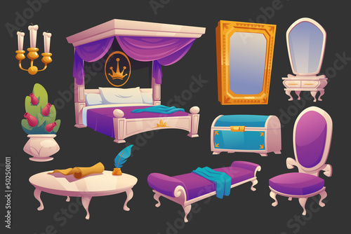 Luxury furniture for royal bedroom. Vector cartoon set of vintage princess room interior with canopy bed, dressing table, mirror in gold frame, couch, chest, candles and flowers