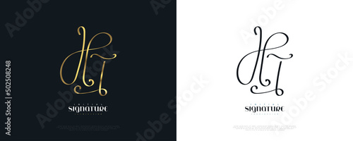 Fotografie, Obraz Initial H and T Logo Design with Elegant Gold Handwriting Style