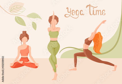 Girls do yoga. Cartoon design. Vector illustration.

