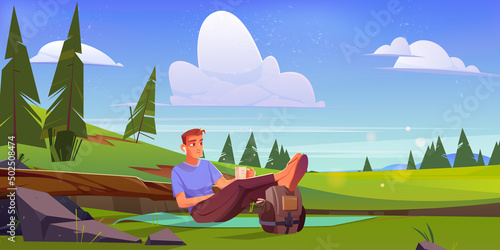 Man relax sitting on mat on green meadow. Vector cartoon illustration of summer rural landscape with coniferous trees, grass and happy person with earbuds, cup and backpack © klyaksun