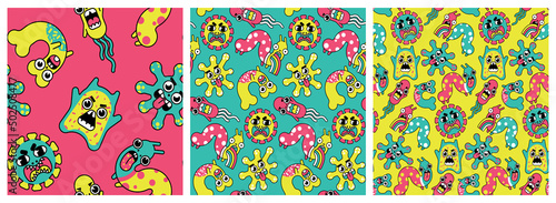 Cute prints with cartoon bacteria in the set. Seamless pattern with characters of microbes, funny monsters in bright outline style. Vector illustration.