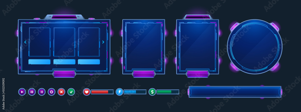 Vecteur Stock Game frames and buttons in sci fi style. Menu, game assets  and design elements for user interface. Vector cartoon set of futuristic  panels, health, money and energy bars | Adobe