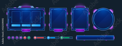 Game frames and buttons in sci fi style. Menu, game assets and design elements for user interface. Vector cartoon set of futuristic panels, health, money and energy bars