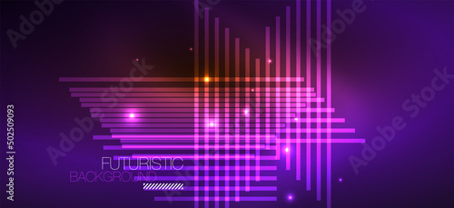 Background neon glowing lines and geometric shapes. Lights in the dark wallpaper for concept of AI technology, blockchain, digital, communication, 5G, science