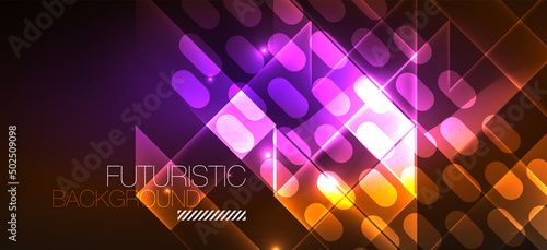 Background neon glowing lines and geometric shapes. Lights in the dark wallpaper for concept of AI technology, blockchain, digital, communication, 5G, science
