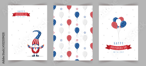 Set of Independence day celebration greeting cards. Patriotic american gnome. National freedom day. Vector illustration in cartoon style. Cute holiday backgrounds with festive 4 of july elements.