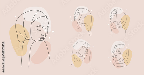 Set of minimalist female portraits on colored spots. Linear islamic women in hijab with closed eyes. Vector illustration in one line drawing style. Perfect for beauty logo.