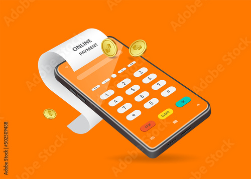 Payment receipts flow from credit card machine swipers on smartphone screens and coins float in the air,vector 3d isolated on orange background for shopping and financial online concept design