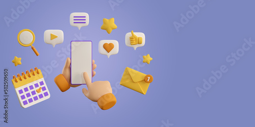 3d education concept poster for university and school. Smartphome wuth hands, calendar, search, speech bubbles, stars and mail flying on violet background. Realistic 3d high quality render photo