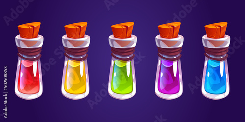 Magic elixir, potion bottles, cartoon thin glass flasks with colorful glowing liquid, leather rope and plugs. Witch poison ui game assets, alchemy apothecary vials, Vector illustration, icons set