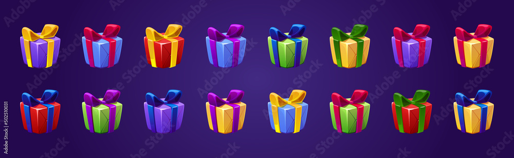 Gift boxes presents in colorful wrapping paper and bows. Bonus, award, birthday, Christmas, Valentine, New Year celebration isolated game assets, gui or ui graphics design elements, Cartoon vector set - obrazy, fototapety, plakaty 