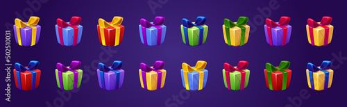 Gift boxes presents in colorful wrapping paper and bows. Bonus, award, birthday, Christmas, Valentine, New Year celebration isolated game assets, gui or ui graphics design elements, Cartoon vector set