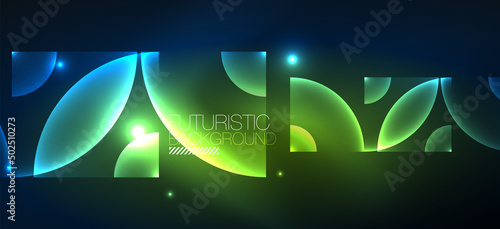 Shiny neon geometric abstract background. Glowing lights on round shapes, triangles and circles. Wallpaper for concept of AI technology, blockchain, communication, 5G, science, business