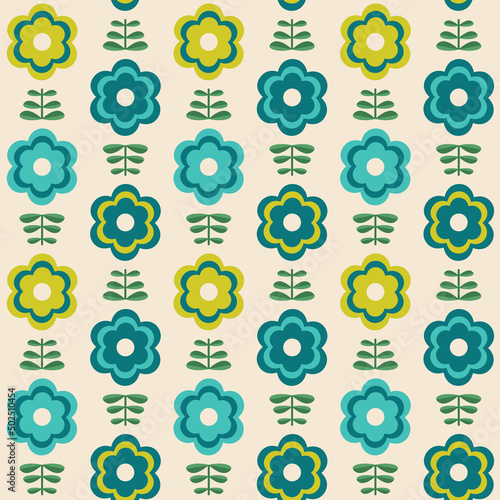 Swedish linear floral seamless vector pattern. Modern, geometric, nordic style flowers in bright, vibrant aqua, blue and green. Simple, minimal, clean design. Background, repeat, wallpaper print. 