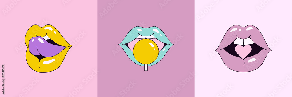 Lips Set in Pop Art 90's Style. Vector Illustration Women's Mouths in Different Emotions for Stickers, Logos, Patches Lips Set in Pop Art 90's Style. Vector Illustration Women's Mouths in Different Emotions for Stickers, Logos, Patches