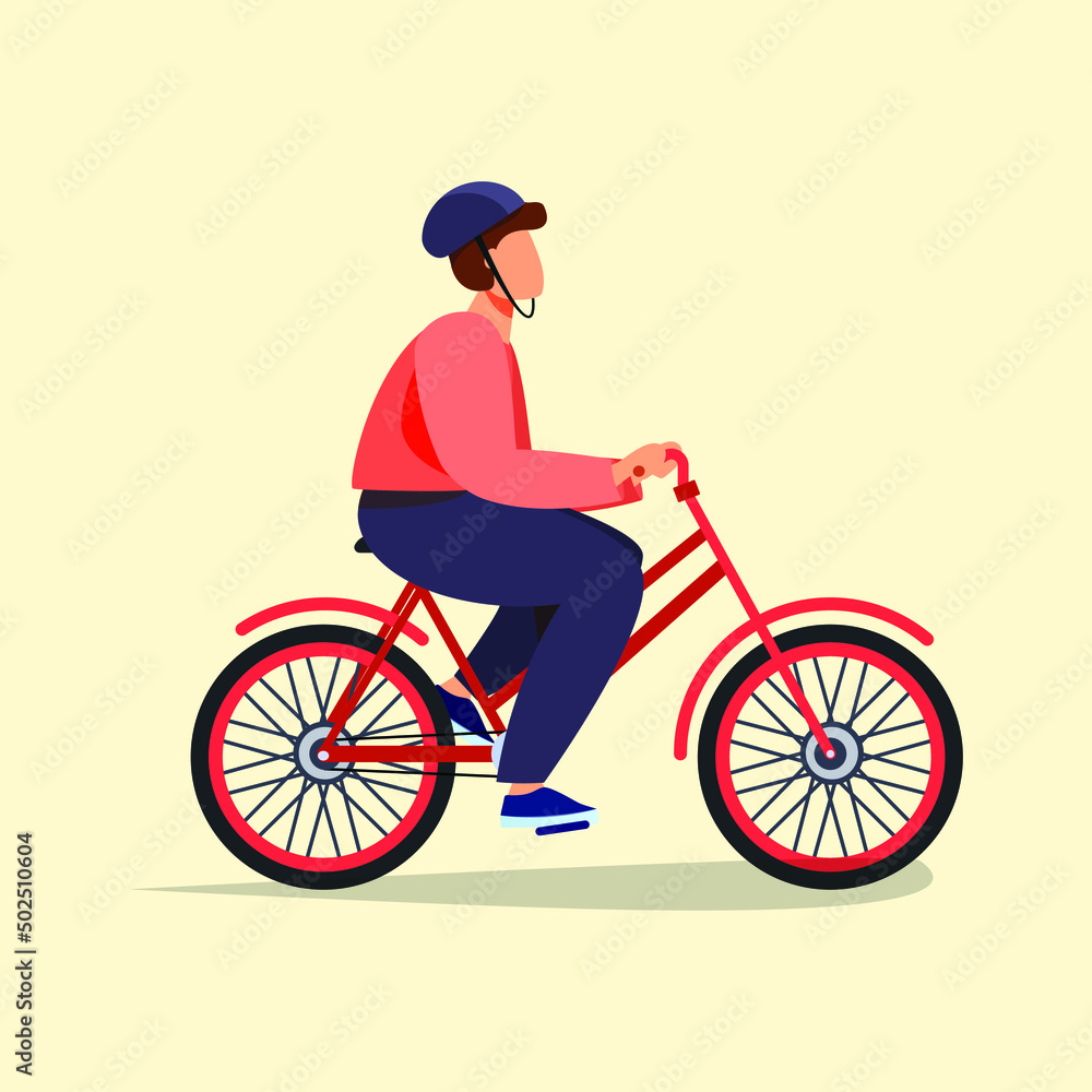 Naklejka premium Man with helmet riding bicycle on city street. World bicycle day. Colored flat graphic vector illustration isolated.