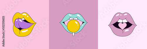 Lips Set in Pop Art 90's Style. Vector Illustration Women's Mouths in Different Emotions for Stickers, Logos, Patches