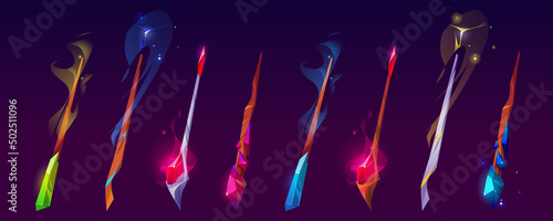 Magic wands, wizard or witch sticks with glowing colorful haze trail and sparkles, magician rods, cartoon elements for Rpg fantasy game, witch assets, fairytale staff or weapon vector illustration set