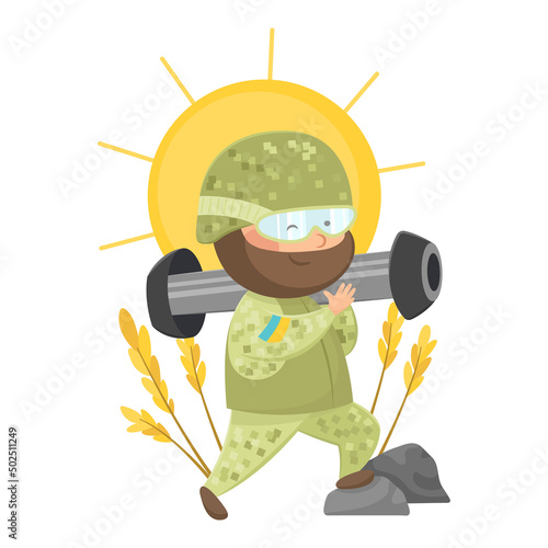 Ukrainian soldier with a portable anti-tank missile system. Defender of Ukraine and Warrior of Light. Form of the Armed Forces of Ukraine. National symbols. Weapon. The struggle for freedom.
