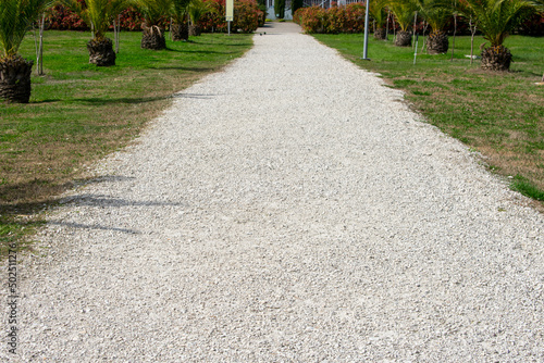 White gravel road in the park. White road stretching into the distance.