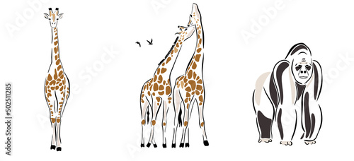 Savanna wild animals set. Abstract African animal. Giraffe, gorilla silhouette. Vector Illustration