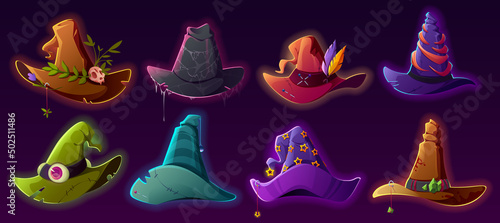 Magic witch hats, wizard caps for Halloween costume. Vector cartoon set of fantasy old magician or sorceress hats with skull, eye, belt, feathers and gold stars
