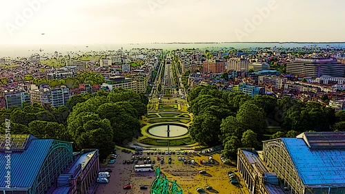 Color sketch in cartoon style. Brussels, Belgium. Park of the Fiftieth Anniversary. Park Senkantoner. The Arc de Triomphe of Brussels (Brussels Gate), Aerial View, Departure of the camera photo