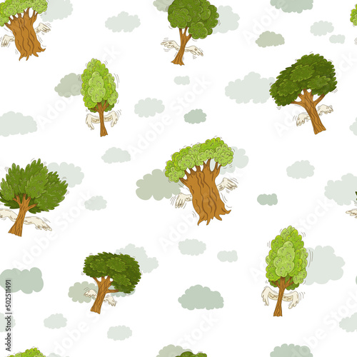 Hand-drawn deciduous trees with wings and green treetop are flying in the sky among the clouds like birds, seamless vector pattern. Surreal background with flying trees.