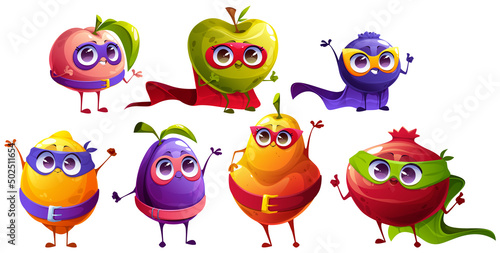 Funny fruit and berries superhero characters in mask and cape. Vector cartoon set of happy super hero mascots, cute apple, plum, pear, peach, blueberry, pomegranate, and lemon