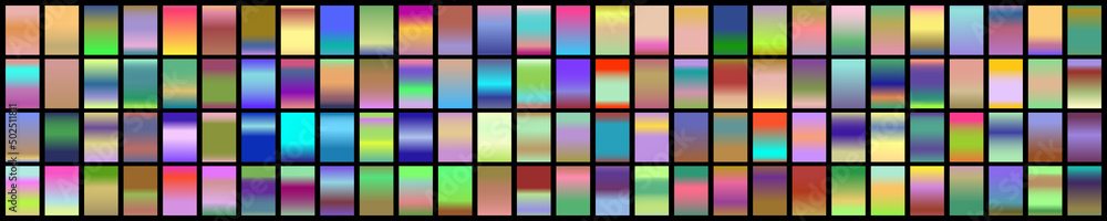 Metalic gradient collection with shiny rainbow hologram. Holographic foil texture, green, blue, yellow, pink gradation. Vector set for frame, ribbon, border, other design