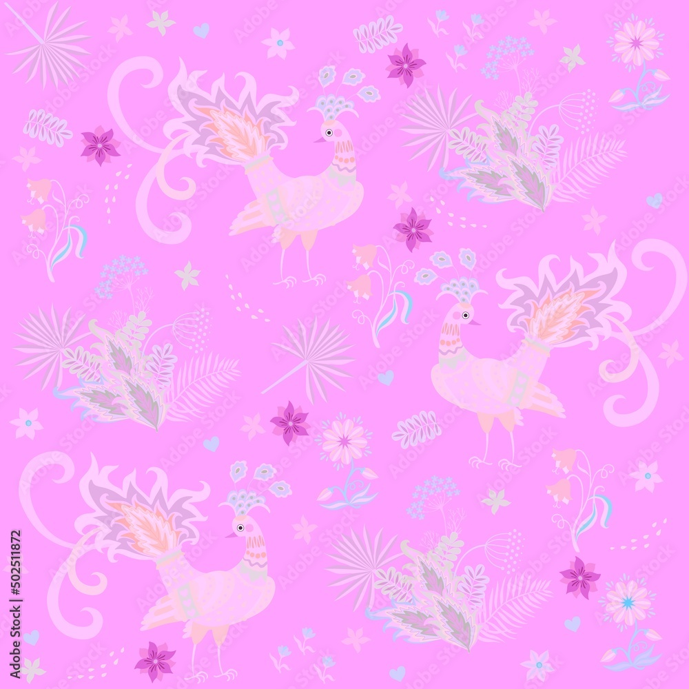 Pale pink pattern with fabulous peacocks, palm leaves and flowers. Delicate seamless background in vector. Romantic print for fabric.