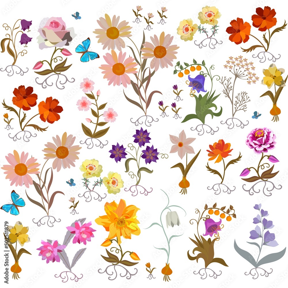 Funny garden flowers with leaves and roots and fluttering blue butterflies on a white background in vector. Seamless print for romantic fabric. Beautiful illustration.