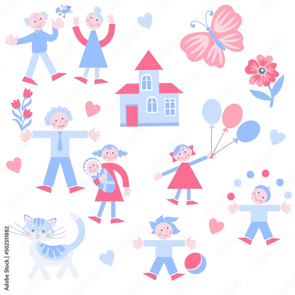 Large family of cute cartoon people and a cat in pink and blue colors are walking near their house isolated on a white background. Flowers, big butterfly, cat, balloons and hearts. Seamless print.