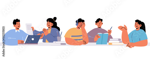 Group of students study together with books and laptop. Vector flat illustration of happy young people sitting at table and learning in school class, university or college library or classroom