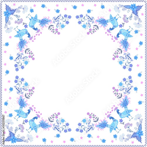 Delicate print for scarf, handkerchief, pillow in vintage style with peacocks...