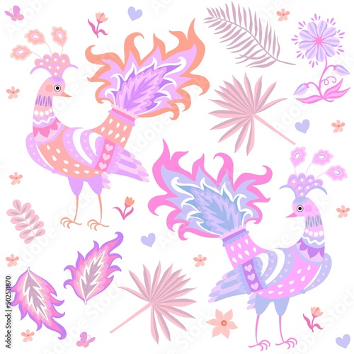 Animal seamless pattern with fabulous peacocks, flowers, tropical leaves, hearts in pink-orange-light purple colors on a white background in vector. Natural print for fabric in vintage style
